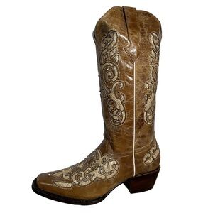 Montero Brown Western Cowboy Boots Embroidery inlay square‎ toe tall